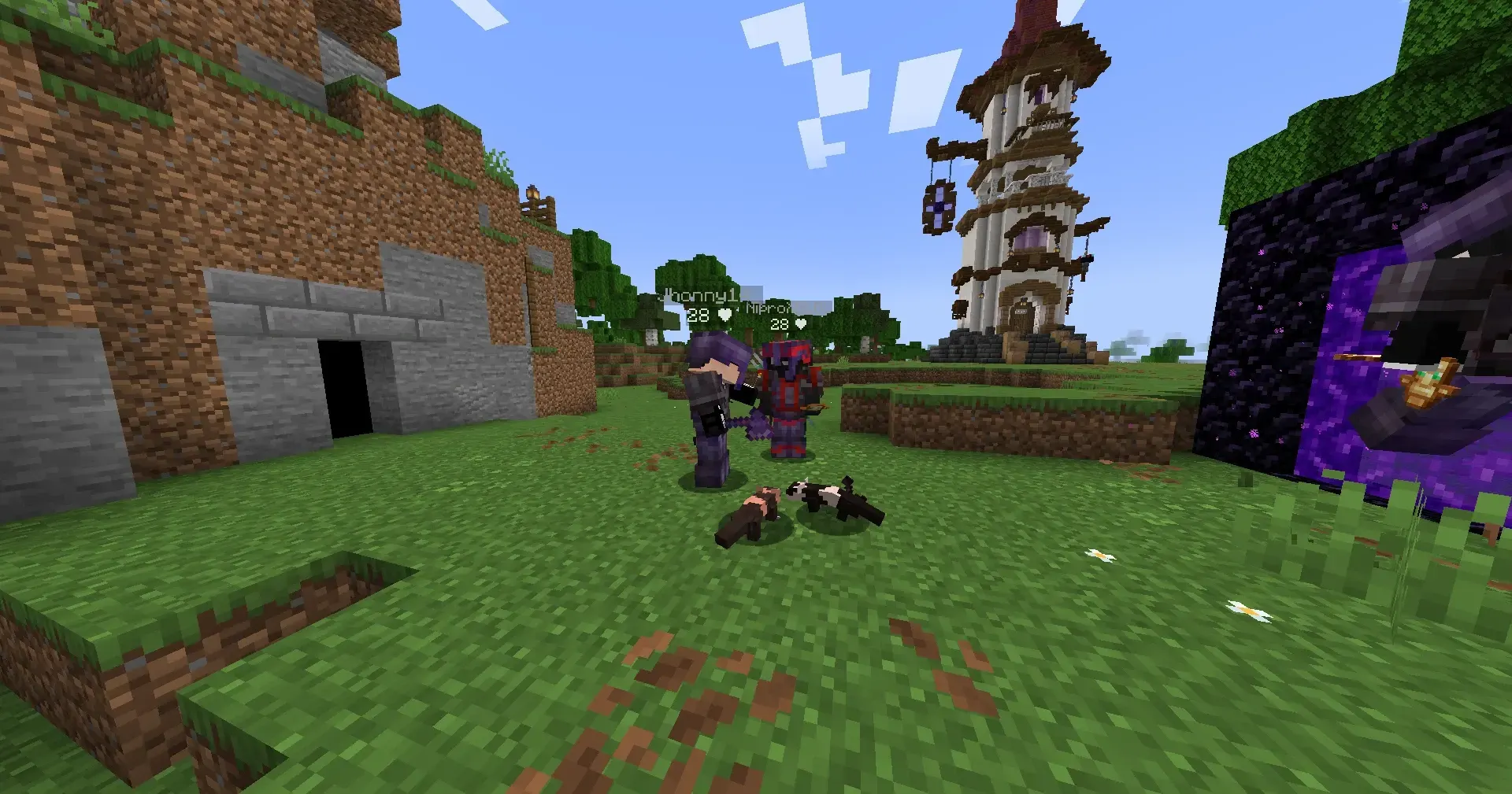 dos jugadores en el spawn con 2 zuricatos en minecraft